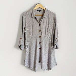 John Mark Women’s Medium Black Striped Button Up Asymmetric Top Roll Tab Sleeves